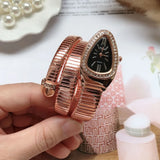 Elegant Luxury Jewellery Snake Design Zircon Diamonds Gold Colour Stainless Steel Women Quartz Bracelet Wristwatches