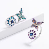Butterfly Flower Red Green AAA Zircon Crystals Handmade Enamel Open Ring