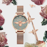 Elegant Luxury 3D Engraved Bee Dial Ladies Watch Rose Gold Plated 31mm Classic Casual Dress Watch with Bracelet Set