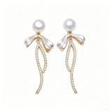 Delicate Ribbon Bow Silver Real Multicolour Pearl AAA Zircon Diamonds Stud Earrings