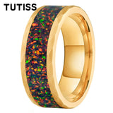 Hammered Tungsten Black Fire Opal Inlay 8mm Tungsten Engagement Ring for Men Women