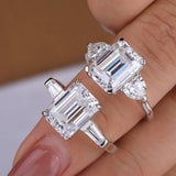 3 Stone 2 - 4CT Emerald Cut VVS1 D Colour Moissanite Diamond Silver Engagement Ring