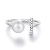 Elegant Real Pearl 925 Sterling Silver AAA Zircon Diamonds Open Geometric Ring