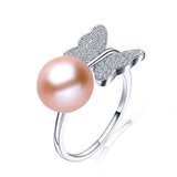 Butterfly Shape Natural Freshwater Pearl Shiny AAA Zircon Diamonds Silver Ring