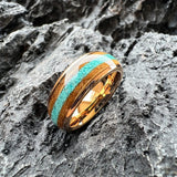 Amazing Whiskey Barrel Oak Wood Crushed Turquoise Inlay Tungsten Carbide Rings
