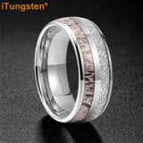 Polished Bevel Edges Deer Antler, Meteorolite Inlay 6/8mm Tungsten Carbide Rings