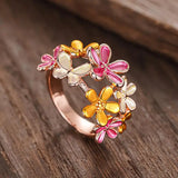 Charming Dainty Colourful Enamel Flower Women Two Tone Ring