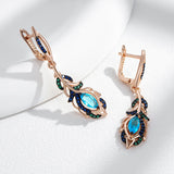 14 Karat Rolled Gold Blue AAA Zircon Crystals Flower Long Drop Earrings For Women