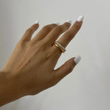 18K Gold Plated Minimalism Glossy Shine Stainless Steel White Cubic Zirconia Inlaid Double Layer Ring