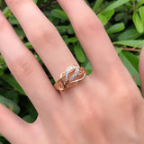 Superb Leaf Shape 14K Rolled Rose Gold Shiny AAA Zircon Diamonds Paved Luxury Design Ring - Fine Jewellery