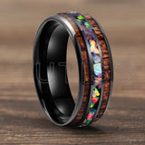 Inlaid Hawaiian Koa Wood Crushed Fire Opal 6/8mm Black Tungsten Carbide Rings