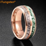 Polished Bevel Edges Deer Antler And Moss Agate Inlay 6/8mm Tungsten Carbide Rings