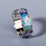 Exquisite Handmade AAA Zircon Diamonds Enamel Blue Butterfly Flower Silver Ring