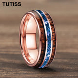 Blue Crystal Stone Inlaid Hawaiian Koa Wood 6/8mm Tungsten Carbide Rings