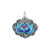 Fashion 925 Silver Hadmade Enamel Blue Lotus Flower Heart Sutra Necklace