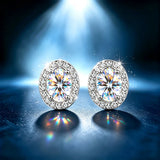 Silver Halo Setting 0.5-2ct D Colour VVS1 Oval Cut Moissanite Diamonds Stud Earrings