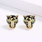 Exquisite Handmade Enamel Black Leopard Green Spinel White AAA Zircon Earrings
