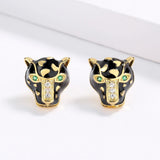 Exquisite Handmade Enamel Black Leopard Green Spinel White AAA Zircon Earrings