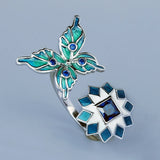 Butterfly Flower Red Green AAA Zircon Crystals Handmade Enamel Open Ring