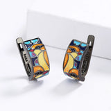 Unique Black Chic Blue Spinel Bird Enamel Handmade Earrings