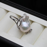 Real Freshwater Natural Baroque Large Pearl AAA Zircon Diamonds Silver Ring