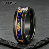 New 8mm Black Hammered Inlay Blue Glass Stone Gold Foil Tungsten Carbide Rings