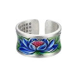 Wide Face Enamel Colourful Lotus Adjustable Open Style Retro Ethnic Handmade Ring