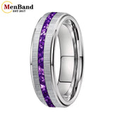 Purple Crystal Stone Inlay Brushed Finish Silver Finish 6/8MM Tungsten Rings