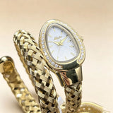 Luxury Lab Diamond Inlaid Gold Snake Braided Bangle Bracelet Ladies Watch