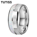 Dome Double Groove Inlaid With White Opal Stone Mother Of Pearl Shell Tungsten Rings