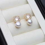 Square Setting AAA Zircon Diamonds Hanging Natural Multicolour Pearls Stud Earrings