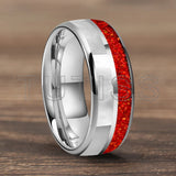 Dome Double Groove Inlaid With Red opal And Mother Of Pearl Shell 6/8mm Tungsten Rings