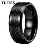 Black Carbon Fiber Inlay Beveled Edge Polished Multicolor Tungsten Carbide Rings