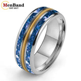 Gold/Blue Crystal Stones Guitar String Inlaid 8MM Men and Women Tungsten Rings