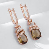 14K Rolled Gold Unique Brown AAA Zircon Crystals Snake Design Dangle Earrings for Women