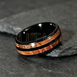 Double Groove Inlay Whiskey Wood, Domed High Polished Tungsten Carbide Rings