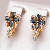 Luxury Black 14K Rolled Rose Gold AAA Zircon Crystals Drop Earrings - Vintage Style Crystal Flower Jewellery