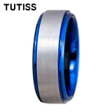 Matte Silver Brushed Center Shiny Blue Beveled Edges Two Tone 6/8mm Tungsten Rings