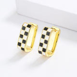 High Quality Checkerboard Handmade Enamel Black and White Plaid Stud Earrings