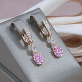 Attractive Rolled 14K Rose Gold Pink AAA Zircon Crystals Dangle Earrings For Women - Luxury Bride Jewellery