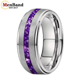 Purple Crystal Stone Inlay Brushed Finish Silver Finish 6/8MM Tungsten Rings