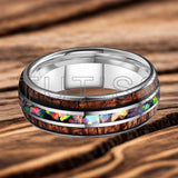 Inlaid Hawaiian Koa Wood Crushed Fire Opal 6/8mm Black Tungsten Carbide Rings