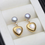 Fluted Heart Real Multicolour Pearls AAA Zircon Diamonds Silver Stud Earrings