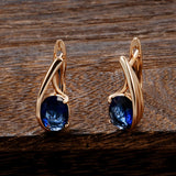14K Rolled Gold Oval Blue AAA Zircon Crystals Geometric Vintage Simple Elegant Earrings