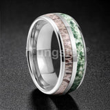 Polished Bevel Edges Deer Antler And Moss Agate Inlay 6/8mm Tungsten Carbide Rings