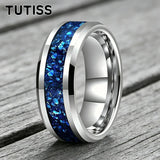 Blue Glass Stone Inlay Beveled Edge Polished 6/8mm Tungsten Carbide Rings