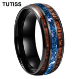 Blue Crystal Stone Inlaid Hawaiian Koa Wood 6/8mm Tungsten Carbide Rings