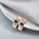 14K Gold Filled Elegant Geometric Square Sun Flower Embossed AAA Blue Zircon Earrings