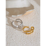 18k Gold Plated Stylish Unique Stainless Steel Pearls Geometric Open Chic Ring