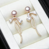 Delicate Ribbon Bow Silver Real Multicolour Pearl AAA Zircon Diamonds Stud Earrings